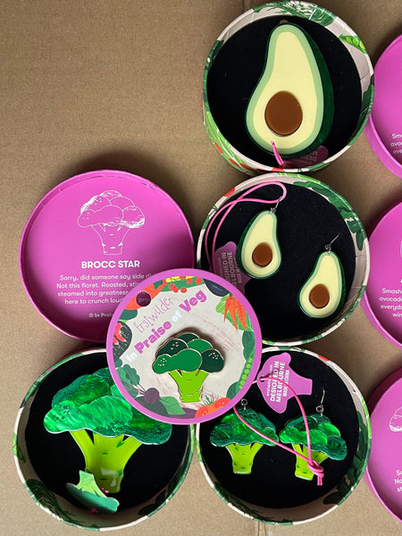 Erstwilder - Avocado Affair Brooch + Avocado Affair Drop Earrings + Brooc Star Brooch + Brocc Star Enamel Pin - In Praise of Veg (2025)