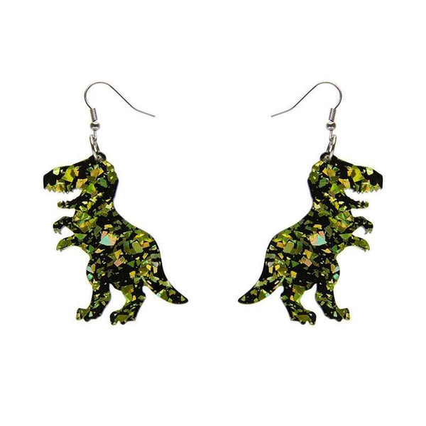 Erstwilder - Tyrannosaurus Dinosaur T-REX Chunky Glitter Resin Drop Earrings - Lime
