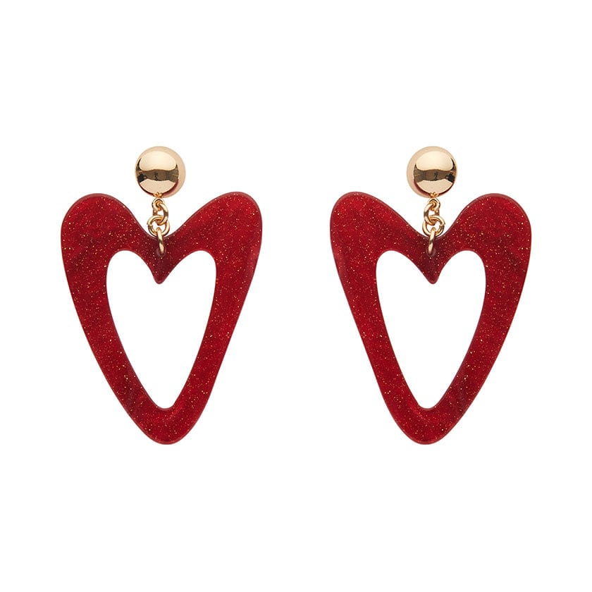 Erstwilder - Statement Glitter Ripple Resin Heart Drop Earrings - Red