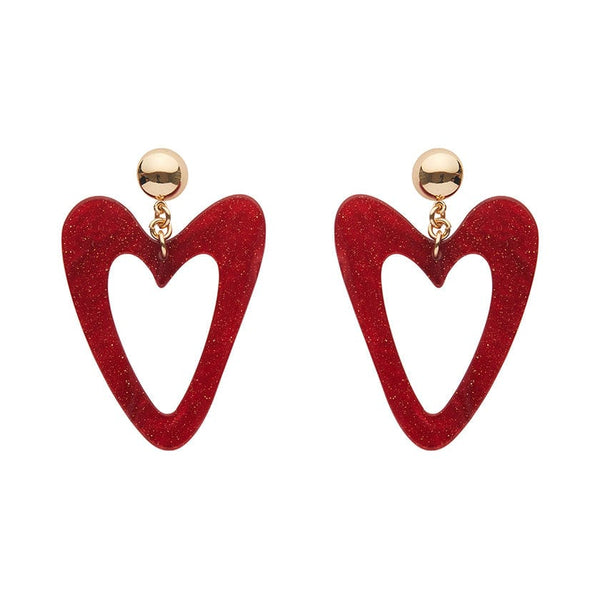 Erstwilder - Statement Glitter Ripple Resin Heart Drop Earrings - Red