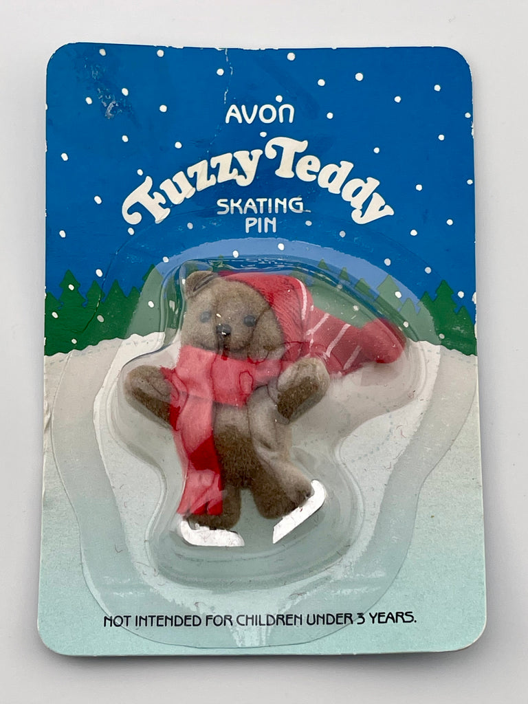 Vintage 1986 Avon Fuzzy Teddy Ice Skating Christmas Bear Pin