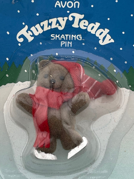 Vintage 1986 Avon Fuzzy Teddy Ice Skating Christmas Bear Pin