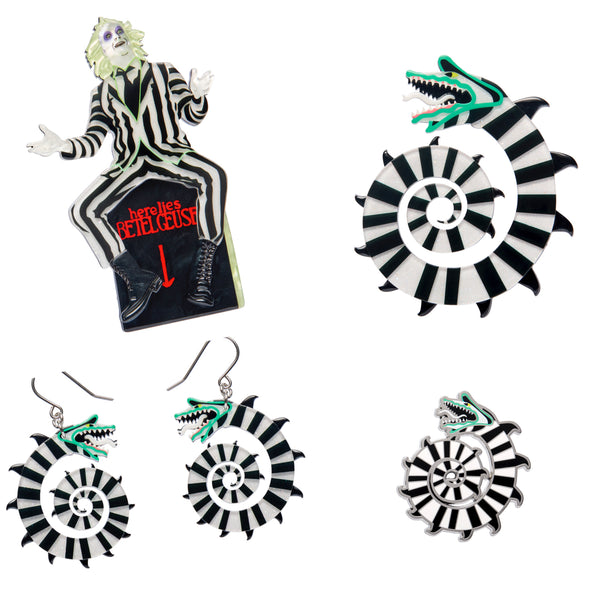 Erstwilder Ultimate Tim Burton Gift Pack - Bettlejuice Brooch + Sandworm Brooch + Earrings + Enamel Pin + Emily the Corpse Bride Brooch + Enamel Pin- Thrills & Chills (2025)