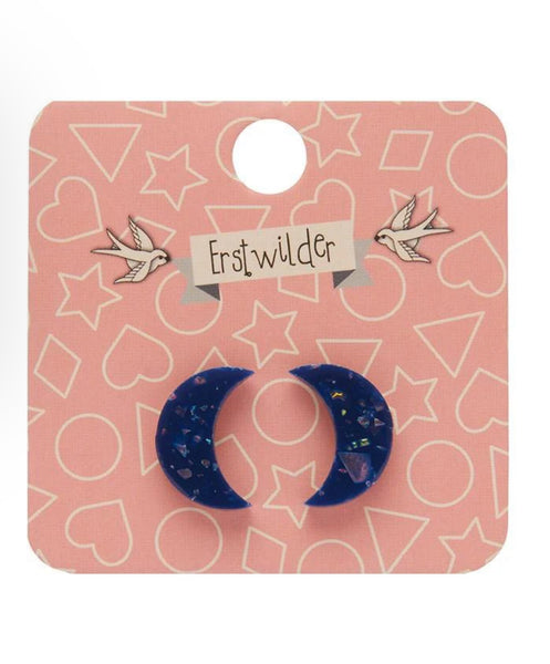 Erstwilder - Crescent Moon Solid Glitter Resin Stud Earrings - Dark Blue