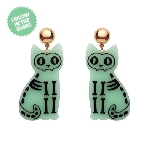 Erstwilder - Tabby Tombstone Skeleton Cat Glow in the Dark Statement Earrings - Green