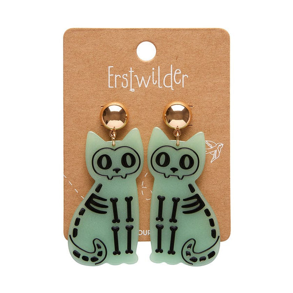 Erstwilder - Tabby Tombstone Skeleton Cat Glow in the Dark Statement Earrings - Green