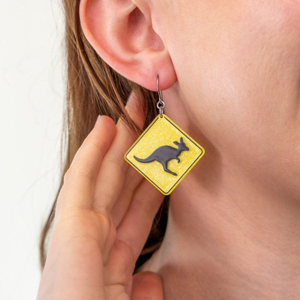Erstwilder - Kangaroo Sign Drop Earrings - Yellow -  (Australiana 2025)