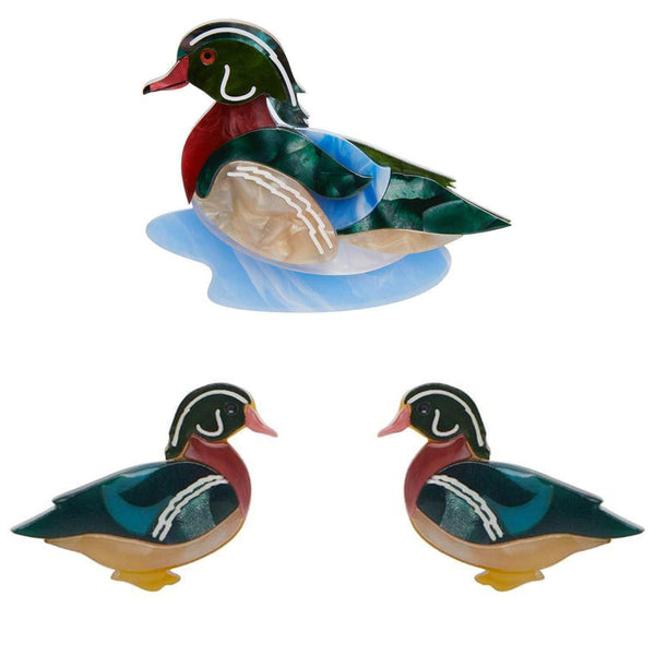 Erstwilder Mallard Ballard Duck Brooch & Mallard Ballard Stud Earrings Bundle