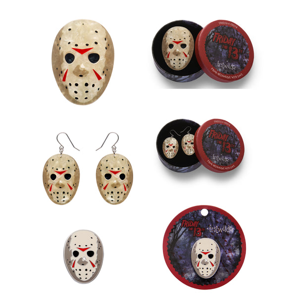 Erstwilder - Jason Voorhees Mask Brooch + Earrings + Enamel Pin Ultimate Gift Pack - Thrills & Chills (2025)