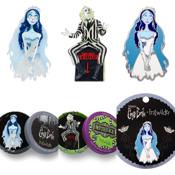 Erstwilder Ultimate Tim Burton Gift Pack - Bettlejuice Brooch + Sandworm Brooch + Earrings + Enamel Pin + Emily the Corpse Bride Brooch + Enamel Pin- Thrills & Chills (2025)