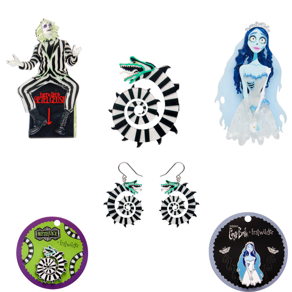 Erstwilder Ultimate Tim Burton Gift Pack - Bettlejuice Brooch + Sandworm Brooch + Earrings + Enamel Pin + Emily the Corpse Bride Brooch + Enamel Pin- Thrills & Chills (2025)
