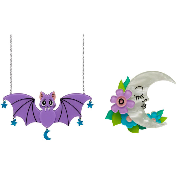 Baron Von Bat Necklace & La Lune Brooch Bundle - Erstwilder Cute & Spooky by Mimsy (2021)