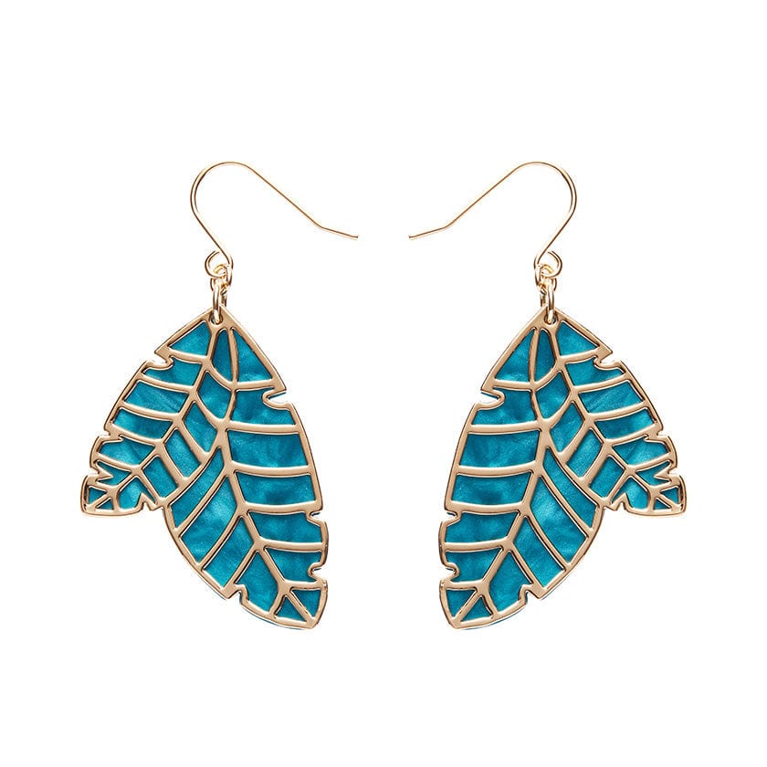 Erstwilder - Leaf Textured Emerald Resin Drop Earrings - Gold