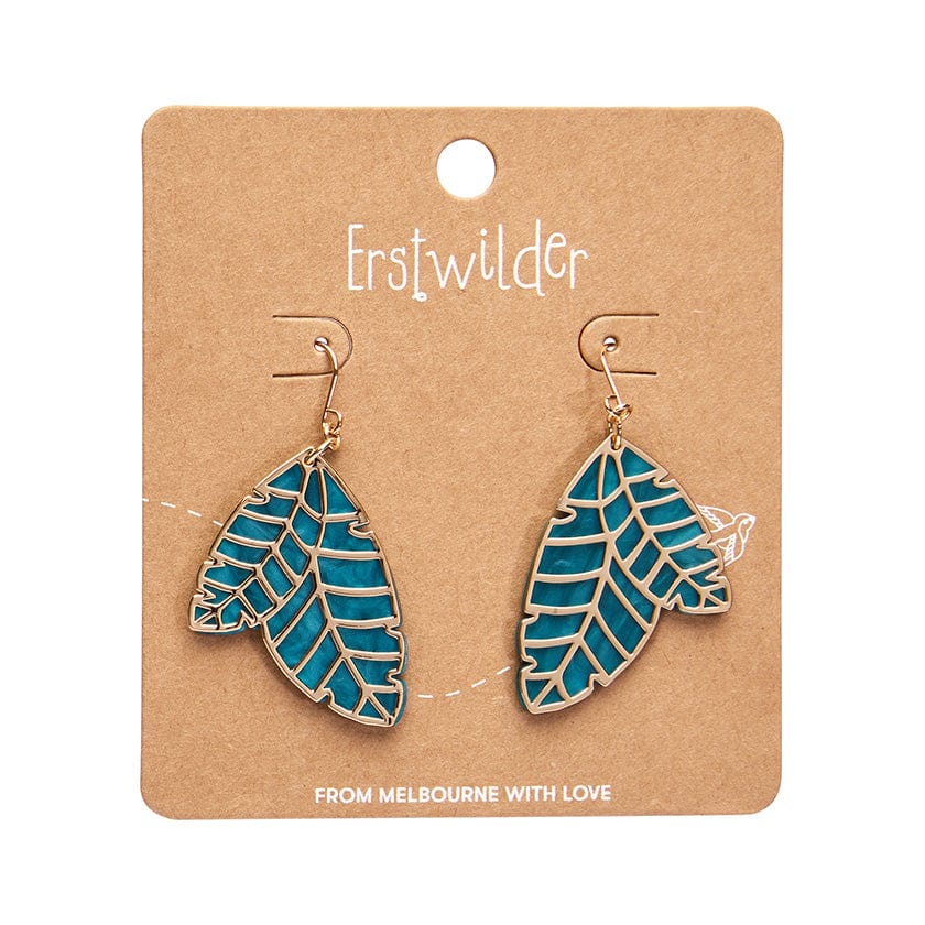 Erstwilder - Leaf Textured Emerald Resin Drop Earrings - Gold