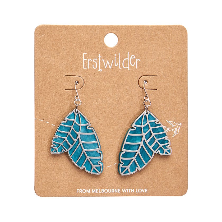 Erstwilder - Leaf Textured Emerald Resin Drop Earrings - Silver