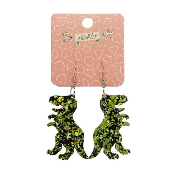 Erstwilder - Tyrannosaurus Dinosaur T-REX Chunky Glitter Resin Drop Earrings - Lime