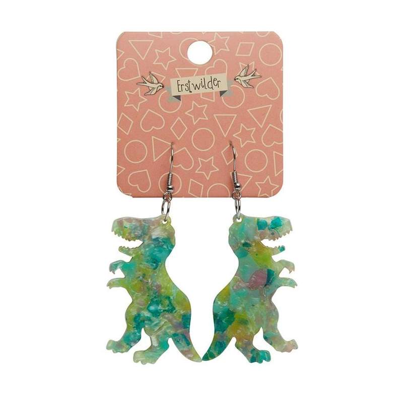 Erstwilder - Tyrannosaurus Dinosaur Mottled Resin Drop Earrings - GREEN